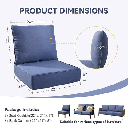 Outdoor Cushion Set for Furniture Patio Furniture, UV Resistant, Water Resistant - 6 Inch Thick Foam Garden Cushions– 22x24 Inch Patio Seat Covers for Chair/Sofa/Couch | Blue | 6-Pack |