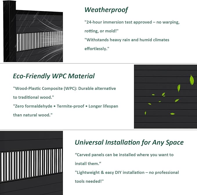 6 Feet×6 Feet Privacy Fence, Outdoor Wood Plastic Composite Fence Panel, Waterproof Security Barriers Fencing, WPC (Black, Vertical (1 Panel - 2 Post))