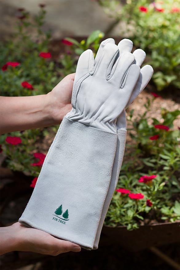 Fir Tree Leather Gardening Gloves for Women & Men - Thorn Proof Goatskin Rose Pruning Gloves with Long Suede Cowhide Gauntlet