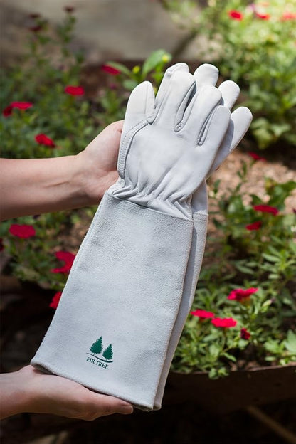 Fir Tree Leather Gardening Gloves for Women & Men - Thorn Proof Goatskin Rose Pruning Gloves with Long Suede Cowhide Gauntlet