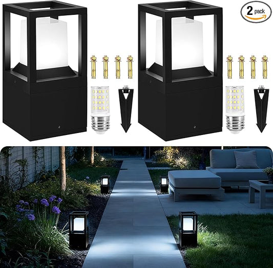 Gardencoin Landscape Bollard Light Outdoor, 12V Low Voltage LED Pathway Lighting, Modern Driveway Lanterns Wired, Aluminum Waterproof Floor Pillar Lighting, Included Bright 5000K Bulb Dimmable, 2 Pack