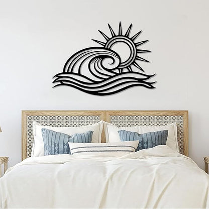 Sunrise Metal Wall Art, Sunrise Wall Decor Metal, Wave Art, Sun Wall Decoration Outdoor, Wall Decor Living Room, Bathroom (30"x21"/76x54cm, Gold)