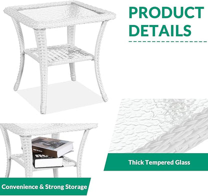 VIVIJASON Outdoor Wicker Side Table, All-Weather Rattan Patio Side Table Bistro Table with 2-Tier, Tempered Glass Top Square End Table for Indoor, Balcony, Garden, Porch, Deck, White