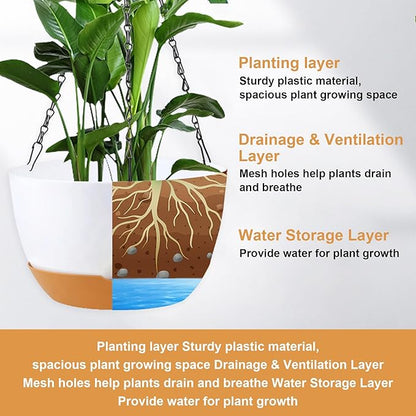 4 Pack Hanging Planter for Plants Indoor,8 Inch Plant Pot Outdoor Plastic Hanging Baskets with Drainage Holes and Chain for Garden Porch Plants(White+Black+Green+Beige)