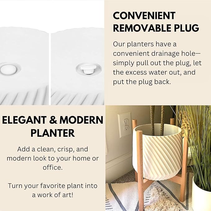 Fox & Fern Large 12 Inch Planter with Drainage Plug — Premium Polystone White Plant Pot - Modern Planter with 3D Texture and Ceramic Finish - 12 Inch Pots for Plants Indoor & Outdoor