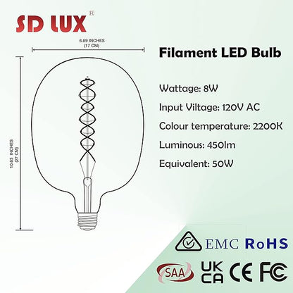 SD LUX Oversized Vintage Giant LED Light Bulb Huge Edison Bulb- Dimmable, 8W 450LM (50W Equi), Warm White 2200K, Medium E26 Base - Perfect for Decorative Pendant Lighting, 1 Pack(DG170)