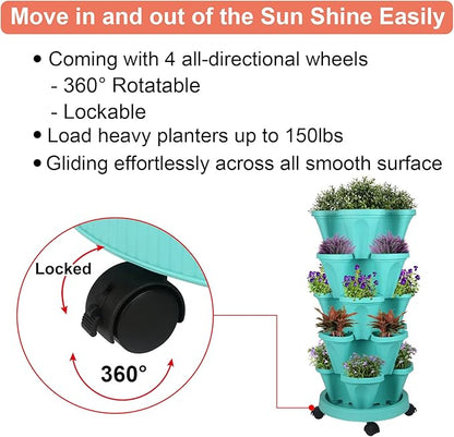 GameXcel Vertical Planter Tower - 5 Tier Stackable Garden Planters with Wheels and Tools Plant Pots for Strawberry Herb Flower and Vegetable Indoor Outdoor Use Teal