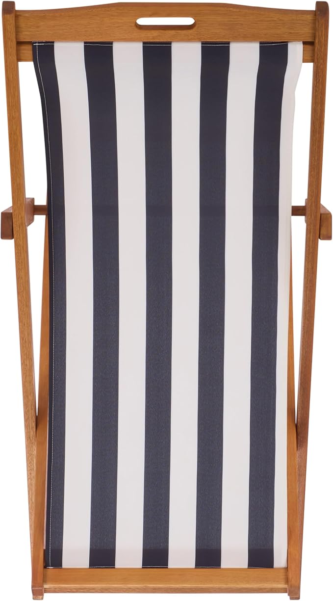 SAFAVIEH Outdoor Patio Furniture Collection – Loren Solid Eucalyptus Wood Folding Sling Chair Set of 2 with Navy & White Striped Fabric Seat, Coastal Style (PAT7040F-SET2)