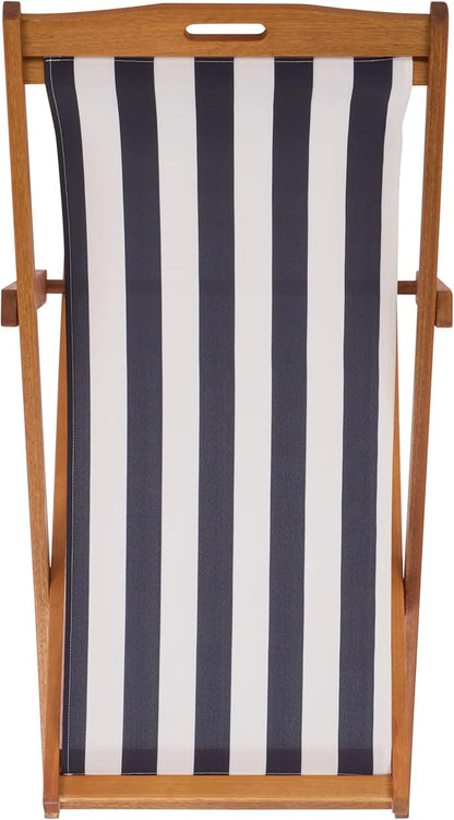 SAFAVIEH Outdoor Patio Furniture Collection – Loren Solid Eucalyptus Wood Folding Sling Chair Set of 2 with Navy & White Striped Fabric Seat, Coastal Style (PAT7040F-SET2)