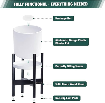 D'vine Dev Planter Pot with Stand - 14 Inch Plastic Cylinder Flower Pot with Wood Planter Holder for Indoor, Matte White Pot + Ebony Stand, 55-C-T-1