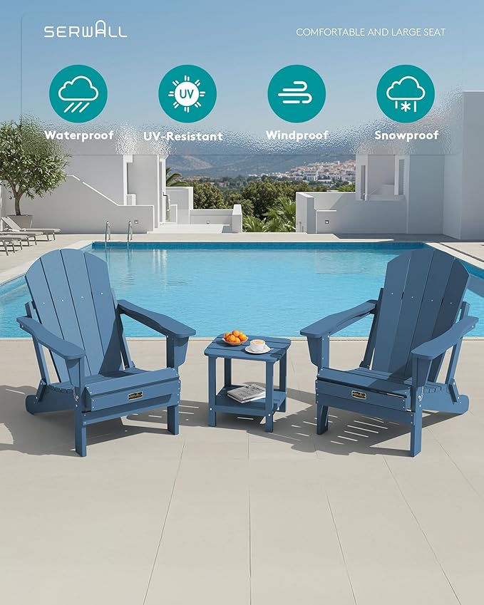 SERWALL Folding Adirondack Chairs Weather Resistant for Outdoor, Patio, Lawn, Garden, Backyard Deck, Fire Pit - Blue
