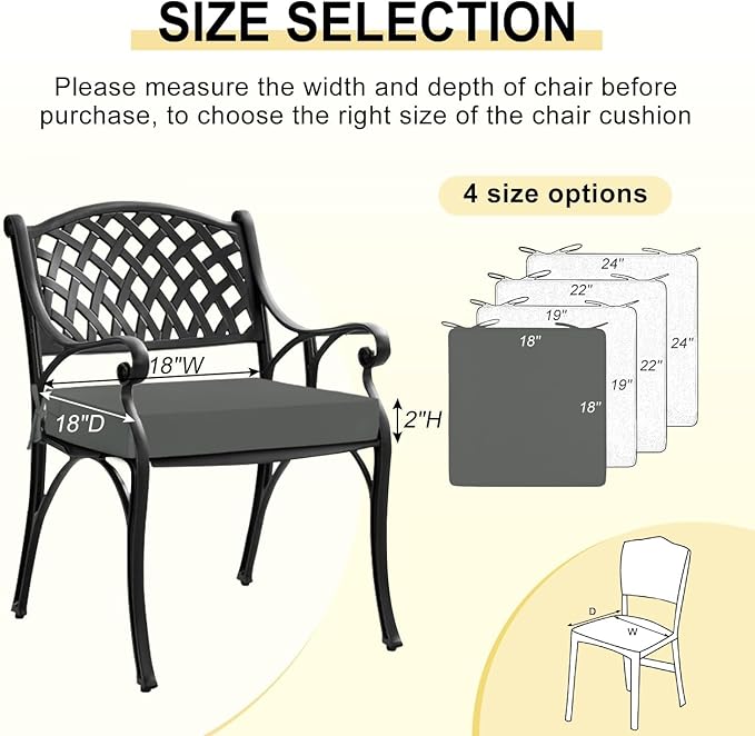downluxe Waterproof Outdoor Chair Cushions for Patio Furniture, 18" x 18" x 2" Patio Chair Cushion with Non-Slip Ties & Portable Handle, Square Outdoor Cushion with Removable Cover, Dark Grey, 2 Pack