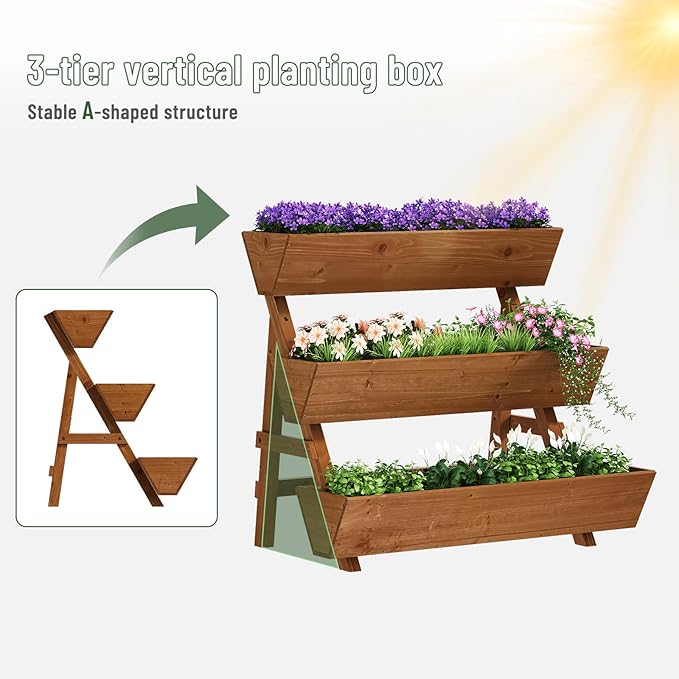 Vertical Wooden Raised Garden Bed, Garden Planters Freestanding Wood Plant Stand Flower Rack Wooden Planter Box for Plants Herbs Flowers Vegetables Outdoor Indoor Gardening (3-Tier Large Brown)
