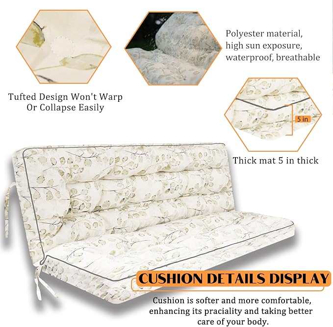 Swing Replacement Seat Cushions, 2-3 Seater Bench Cushions for Outdoor Furnitur with Backrest, Garden Recliner Seat Cushions Waterproof Sofa Pads (White Leaves, 63x40in)