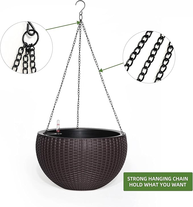 Dexceder 9 Inch Self Watering Hanging Planters Indoor Outdoor, Thickened Hanging Basket Flower Plant Pot with Water Level Indicator (Brown)