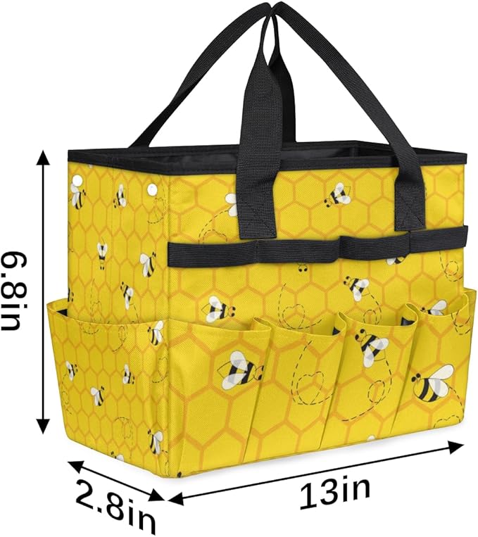 Yellow Bee Beehive Garden Tool Bag with 10 Pockets Easy Access Garden Tote Storage Bag Wear-Resistant & Reusable with 2 Handles Gardening Gifts 13" X 2.8" X 6.8"