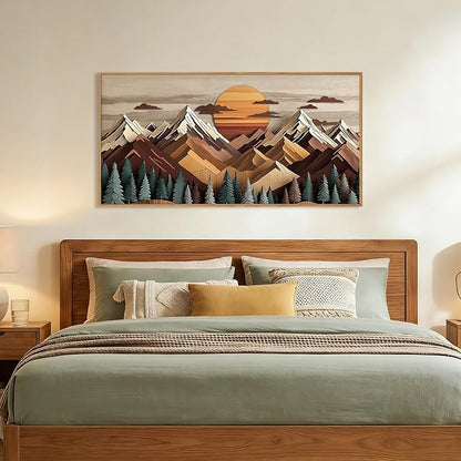 KAIRNE Woodcut Style Mountain Framed Canvas Wall Art Set,Wooden Pine Tree Wall Decor,Vintage Forest Landscape Art Prints,Nature Sunrise Artwork for Living Room,Bedroom,Farmhouse,Office-40 x20 x1