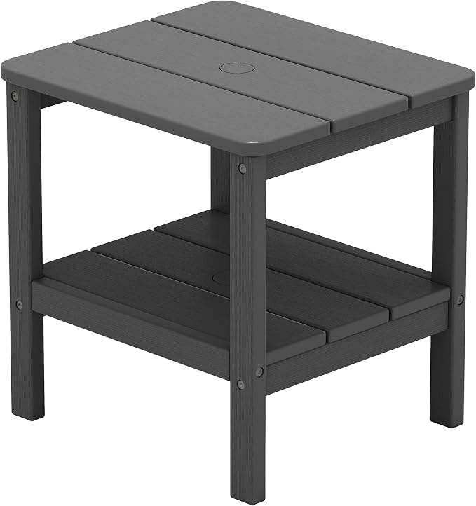 SERWALL Double Layer Adirondack Side Table with Umbrella Hole, HIPS Outdoor Side Table Rectangular End Tables for Patio, Poolside, Garden, Gray