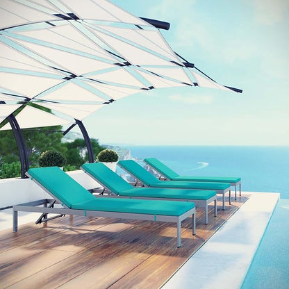 Modway Shore Aluminum Outdoor Patio Four Chaise Lounge Chairs with Cushions in Silver Turquoise