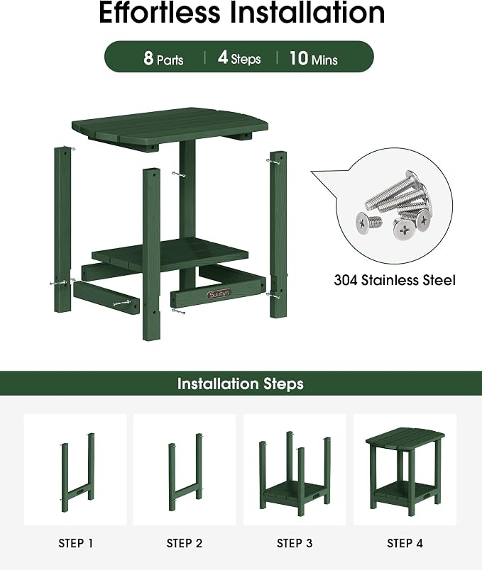 Outdoor Side Table, 2-Tier HDPE Small Outdoor Table, Adirondack Side Tables, Outside End Tables for Patio, Porch, Deck, Pool, Weather Resistant (Green)