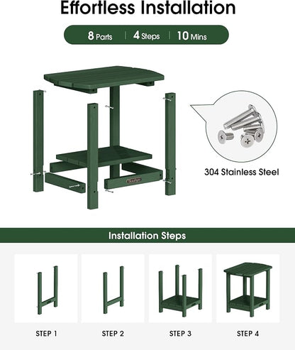 Outdoor Side Table, 2-Tier HDPE Small Outdoor Table, Adirondack Side Tables, Outside End Tables for Patio, Porch, Deck, Pool, Weather Resistant (Green)
