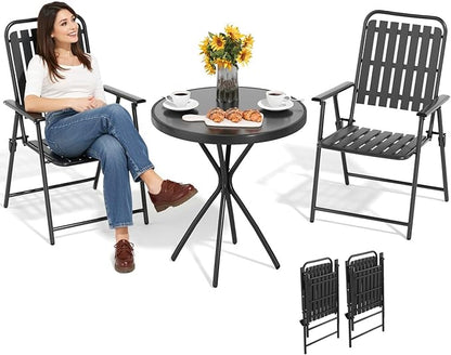 3 Piece Patio Bistro Set Folding Outdoor Dining Set for 2, Bistro Table and Chairs Set of 2 No Assembly Anti Rust Small Outdoor Bistro Sets for Lawn Backyard Balcony Poolside Deck (Black)
