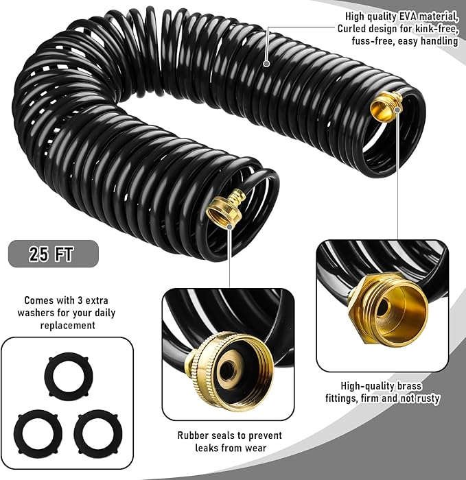 Pangda 25 Ft x 3/8'' Coil Garden Hose EVA Recoil Garden Self Coiling Expanding Water Hose with 6 Function Spray Nozzle Universal 3/4'' Brass Connector Fitting for Outdoor Yard(Black)