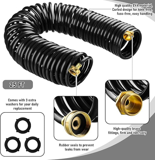 Pangda 25 Ft x 3/8'' Coil Garden Hose EVA Recoil Garden Self Coiling Expanding Water Hose with 6 Function Spray Nozzle Universal 3/4'' Brass Connector Fitting for Outdoor Yard(Black)