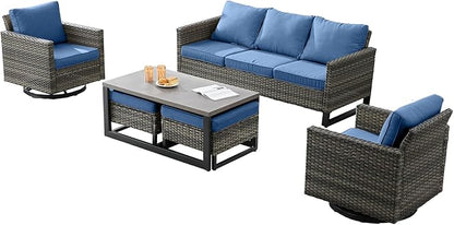 Wicker Outdoor Patio Furniture Set - 6 Piece Patio Conversation Set with 2 Swivel Rocker Chairs,2 Rattan Ottoman,1 Couch and 1 Metal Coffee Table for Outside Porch Deck Backyard(Mixed Grey/Blue)