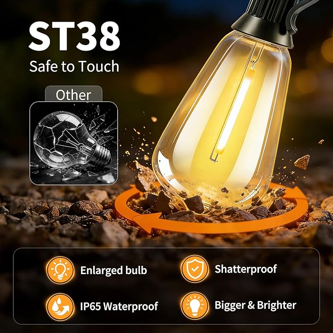 Solar Lights Outdoor Waterproof: ST38 33FT 10M Shatterproof Bulbs Patio Lights - Solar Powered & USB Charging- Remote Control 3 Light Modes Dimmable Solar Light - Camping Backyard Garden
