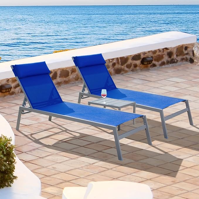 Domi Patio 3 Pieces Textilene Chaise Lounge Set with Side Table Outdoor,Adjustable Back&Pillow for Yard,Garden,Sunbathing,for All Seasons,Blue