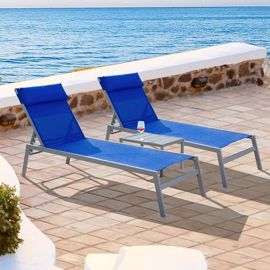 Domi Patio 3 Pieces Textilene Chaise Lounge Set with Side Table Outdoor,Adjustable Back&Pillow for Yard,Garden,Sunbathing,for All Seasons,Blue