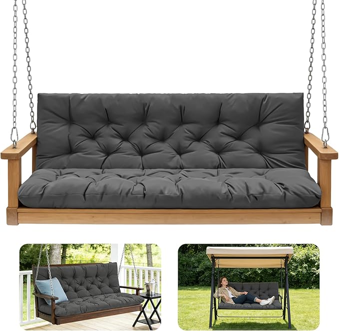 Porch Swing Cushions,Outdoor Cushions 3 Seater Replacement with Backrest, Waterproof Thickened Bench Cushion with Ties for Porch, Patio,Outdoor, Backyard and Garden(Dark Gray 60 * 40 in)