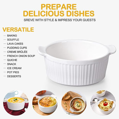 Delling Ramekins with Handle, 6 PACK Soup Bowls for French Onion Soup, Pot Pie, Lava Cakes, Creme Brulee, 12 Oz Porcelain Souffle Dish for Baking, White