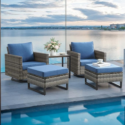 Rilyson Wicker Outdoor Patio Furniture Set - 5 Piece Patio Conversation Set with 2 Swivel Rocker Chairs,2 Rattan Ottoman and 1 Metal Side Table for Outside Porch Deck Backyard Garden(Mixed Grey/Blue)