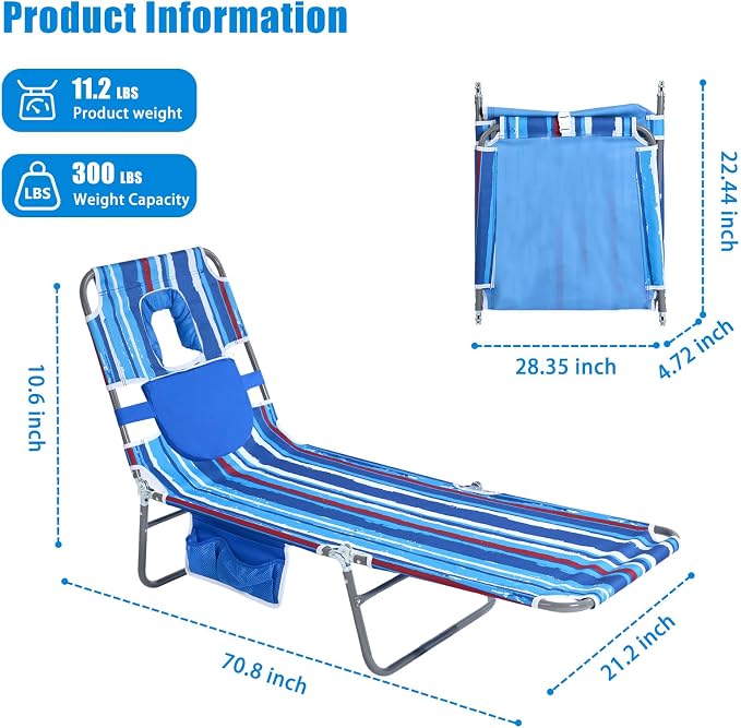 SUNNYFEEL Lay Flat Tanning Chair 2 Pack with Face Down Hole & Arm Slots, Beach Lounge Chair, 5-Position Folding Sunbathing Chair, 300 LBS Heavy Duty, 72" L x 22" W for Beach, Pool, Camping