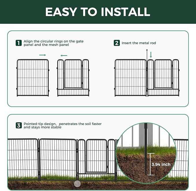 FXW Garden Fence Outdoor for The Yard – 45in(H) x 18.2ft(L) Heavy Duty Metal Animal Barrier for Dog and Rabbit, Decorative Dog Fence, 8 Panels, Black