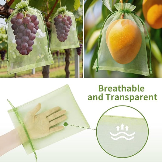 GliSun 100Pcs Fruit Protection Bags 6x9 Inch, Green Mesh Netting Cover with Drawstring Pest Barrier for Grapes Tomato Strawberry Blueberry - Garden Supplies for Vegetables & Fruit Trees