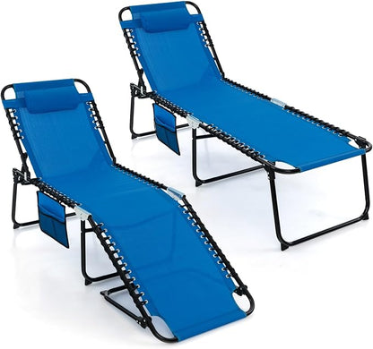 Goplus Chaise Lounge Chair, Outdoor Folding 5-Postion Beach Lounge Chair with Detachable Pillow, Side Pocket, Adjustable Tanning Chair for Patio Lawn Pool Yard