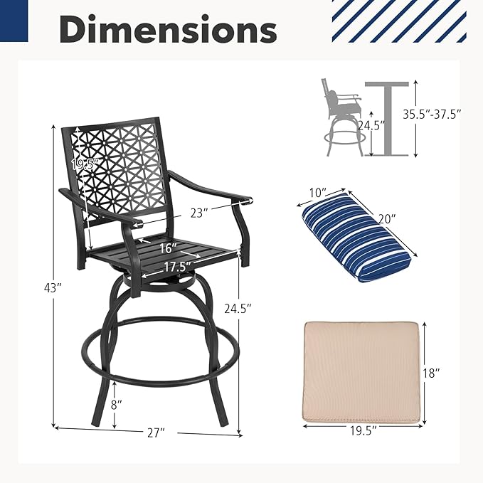 COSTWAY Outdoor Bar Chair Set of 4, 24.5 Inch Swivel Counter Height Bar Stools with Footrest, Seat Cushions & Lumbar Pillows, Metal Dining Bar Chairs for Patio, Backyard, Poolside (4)