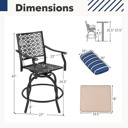 COSTWAY Outdoor Bar Chair Set of 4, 24.5 Inch Swivel Counter Height Bar Stools with Footrest, Seat Cushions & Lumbar Pillows, Metal Dining Bar Chairs for Patio, Backyard, Poolside (4)