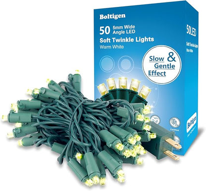 Boltigen Soft Twinkle Lights, 50 LED Slow Twinkling, 5mm Wide Angle Christmas Lights, UL Certified 14.5Ft Extendable for Home Garden Indoor Outdoor Use Party Wedding Day Decoration
