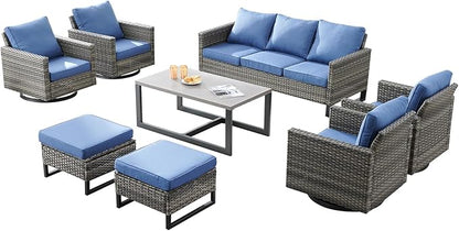 Wicker Outdoor Patio Furniture Set - 8 Piece Patio Conversation Set with 4 Swivel Rocker Chairs,2 Rattan Ottoman,1 Couch and 1 Metal Coffee Table for Outside Porch Deck Backyard(Mixed Grey/Blue)