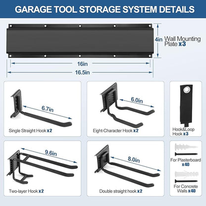 14Pack Garage Tool Organizer Wall Mount, 49.5'' Garage Wall Organizer with 11 Adjustable Hooks, 520lbs Heavy Duty Garage Storage & Organization, Garage Hanging Rack for Garden Yard Tool Shed, Men Gift