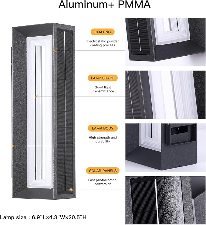 20.5" Solar Wall Lights Outdoor Waterproof, Modern Porch Light, 3000K LED Solar Wall Sconces Lights Outdoor, 1 Pack Front Door Light Fixture Dusk to Dawn, Large Exterior Garage Light for House
