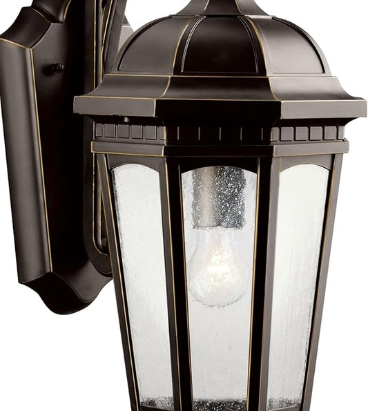 Kichler Courtyard 17.75" 1 Light Outdoor Wall Light with Clear Seeded Glass in Rubbed Bronze for Entry or Garage Doors, 18" H x 8.25" W x 11.25" Ext.) 9033RZ