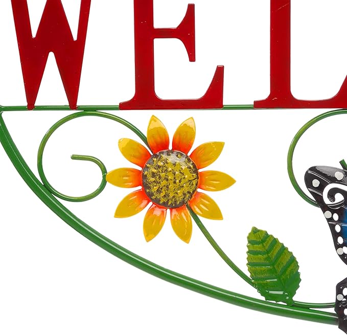 Glitzhome Metal Welcome Sign, Outdoor Metal Welcome Signs for Outside with Vivid Butterfly Wall Decor, Sunflower Garden Art Plaque for Porch Home Decoration