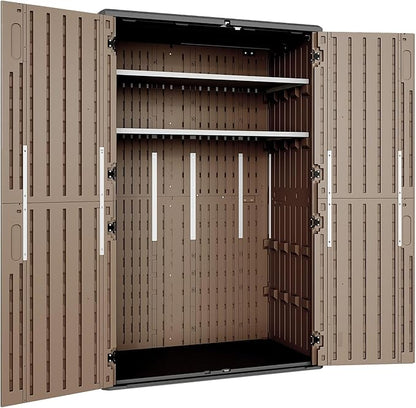Aoxun Outdoor Storage Shed with 2 Shelves & Floor, 64 Cu.Ft Large Outdoor Storage Cabinet, Waterproof Vertical Resin Shed for Garden Tools, Pool Equipment, Brown