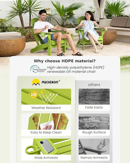 MUCHENGHY Folding Adirondack Chairs Set of 2, Patio Chairs, Lawn Chairs, Outdoor Chair, Adirondack Chair Plastic, Fire Pit, Weather Resistant with Cup Holder for Deck, Backyard, Garden(Lemon Green)