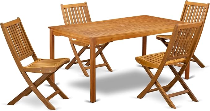 East West Furniture CMDK5CWNA 5 Piece Outdoor Patio Dining Sets Includes a Rectangle Acacia Wood Table and 4 Folding Side Chairs, 35x66 Inch, Natural Oil